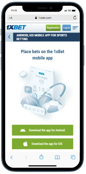 A smartphone of the casino site with options to download app for Android / IOS