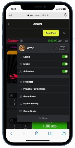 A smartphone displaying Aviator game with settings menu