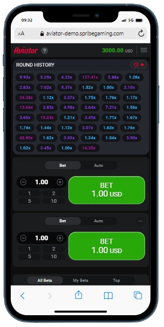 A smartphone displaying Aviator game with pop up round history panel