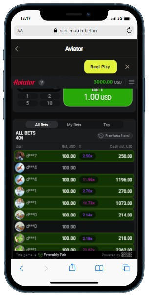 A smartphone displaying Aviator game with statistics data panel