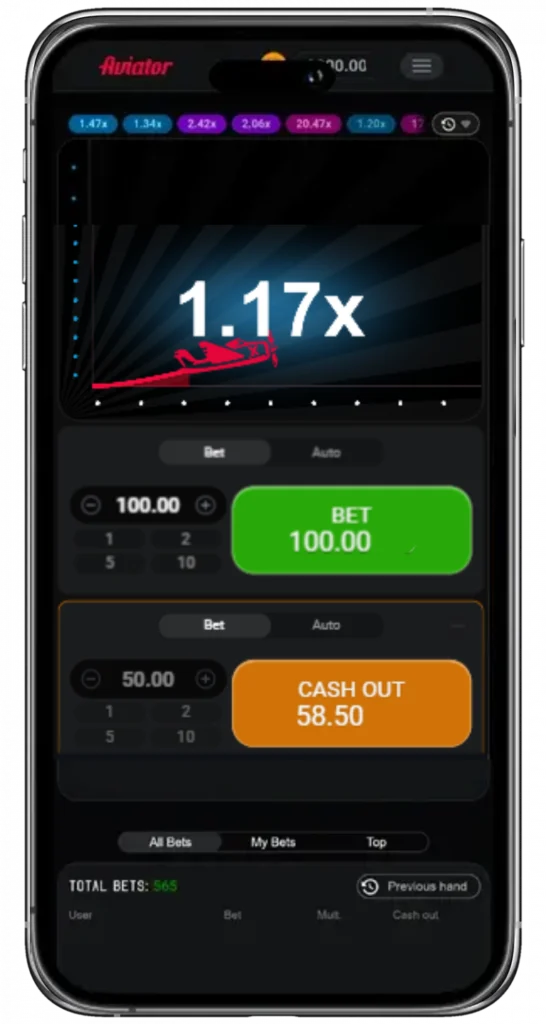 A smartphone displaying Aviator game with betting options and increasing multiplier